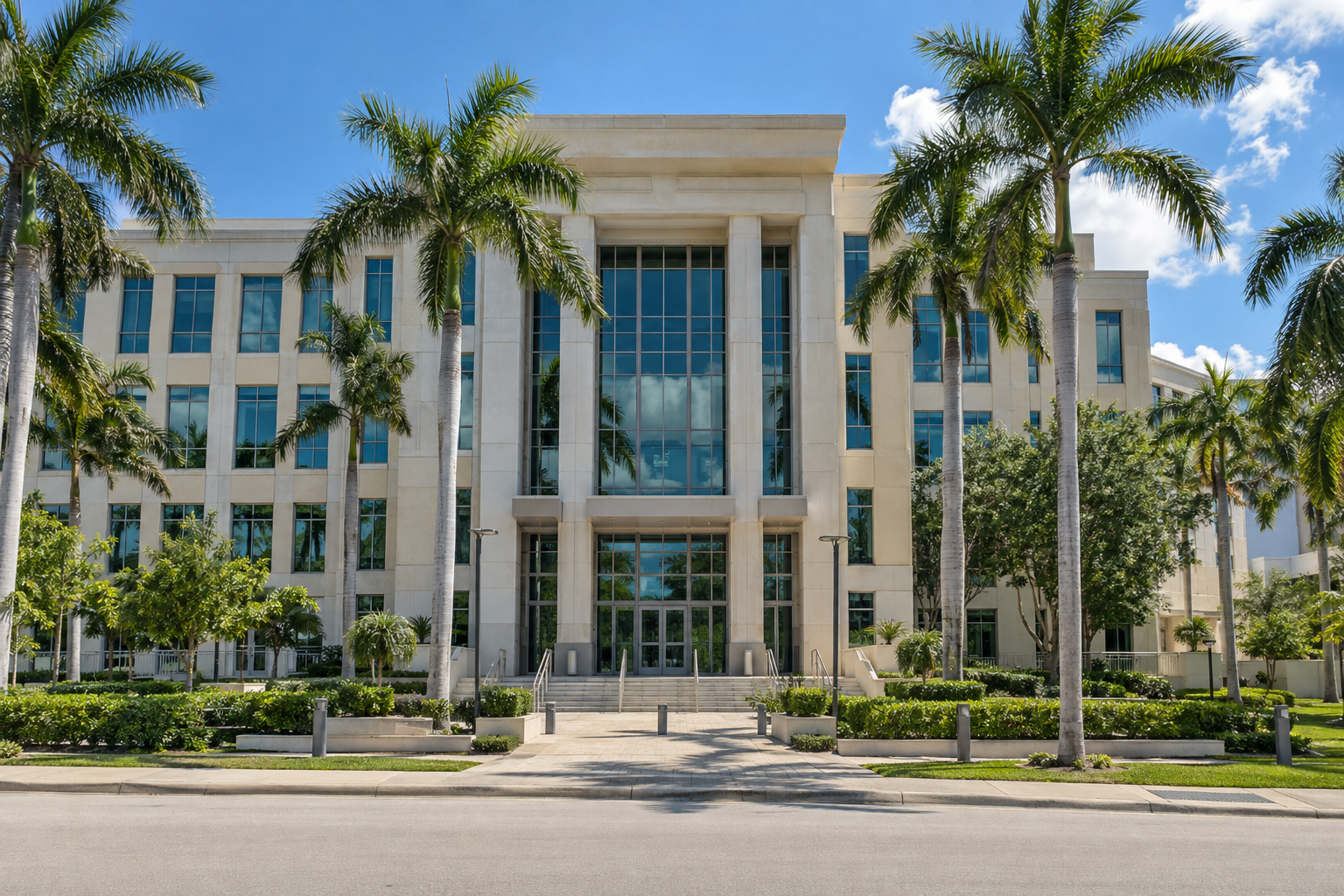 Exterior of a government district office building in Miami on a sunny day