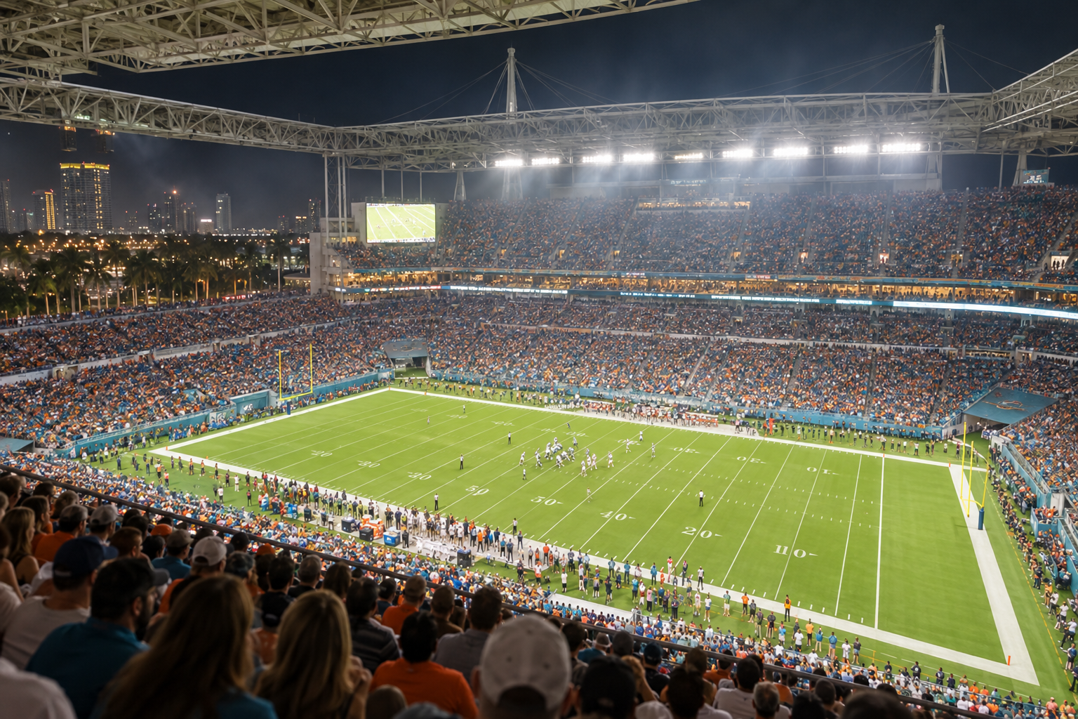 Hard Rock Stadium interior filled with fans during a major college football bowl game on New Year's