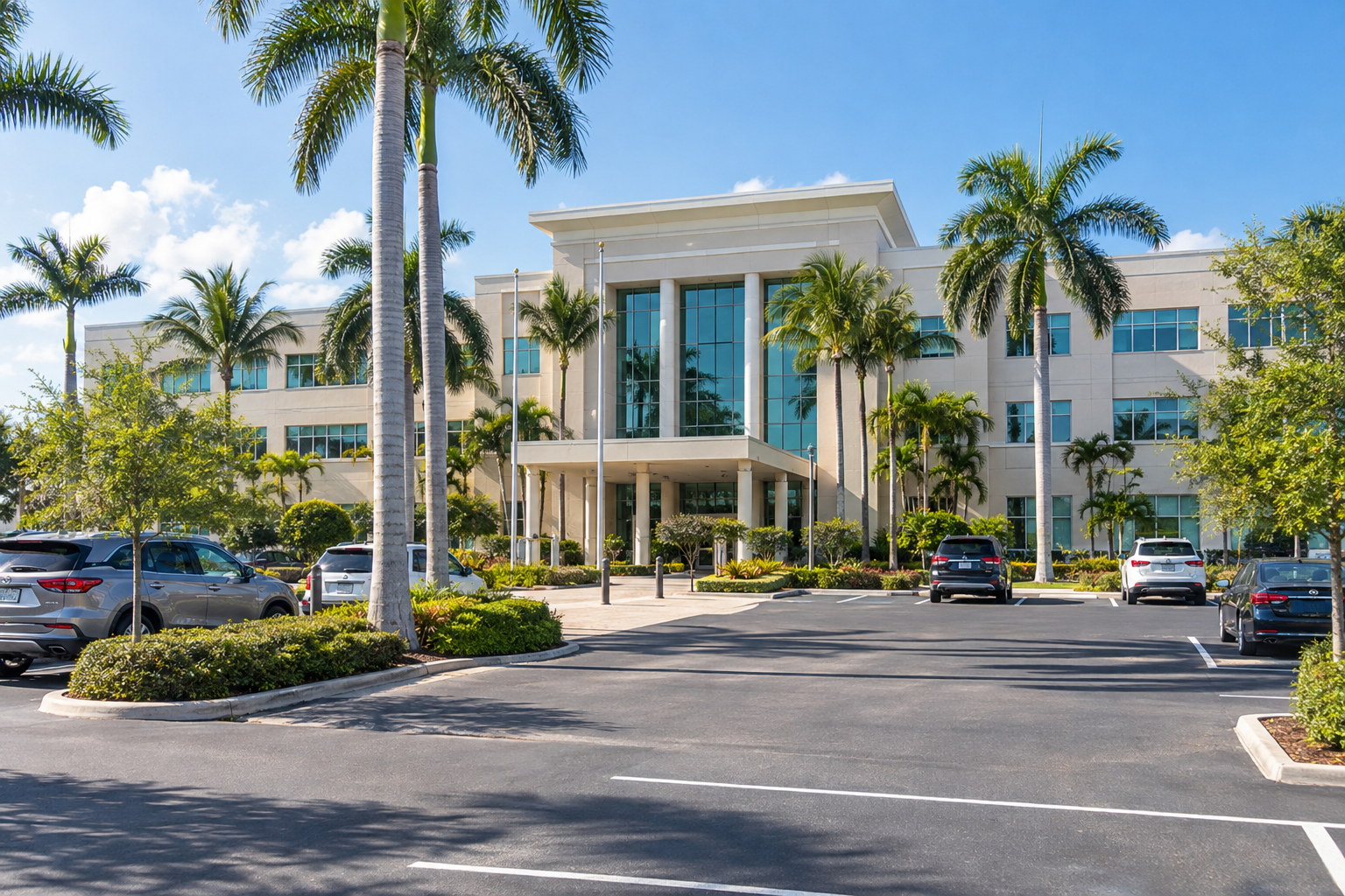 North County Courthouse on PGA Boulevard in Palm Beach Gardens with surface parking and palm trees