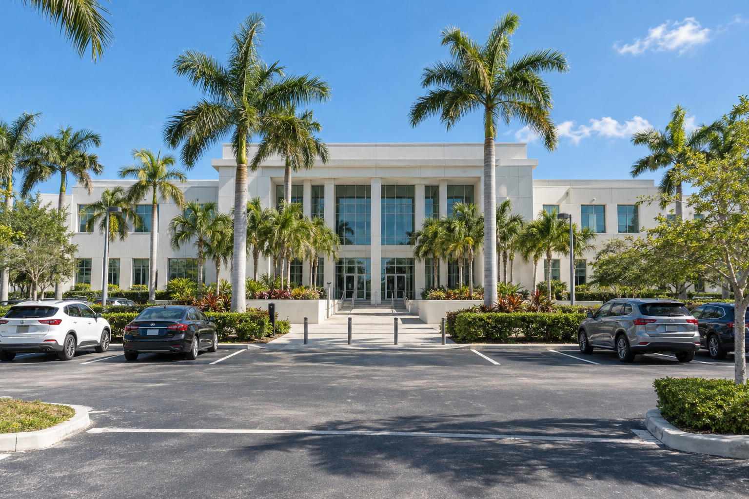 South County Courthouse in Delray Beach, a low modern government building with free surface parking and palm trees outside