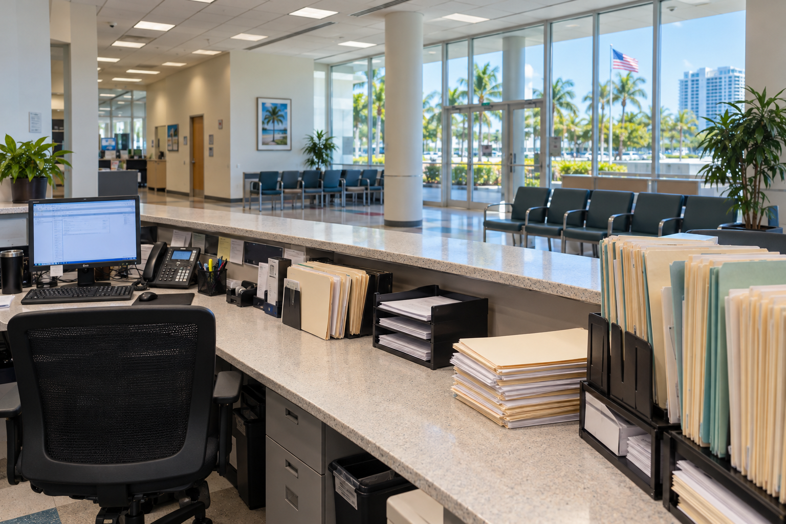 A clerk's office counter seen from behind, with stacks of recorded property documents and a staff workstation in a Florida government office