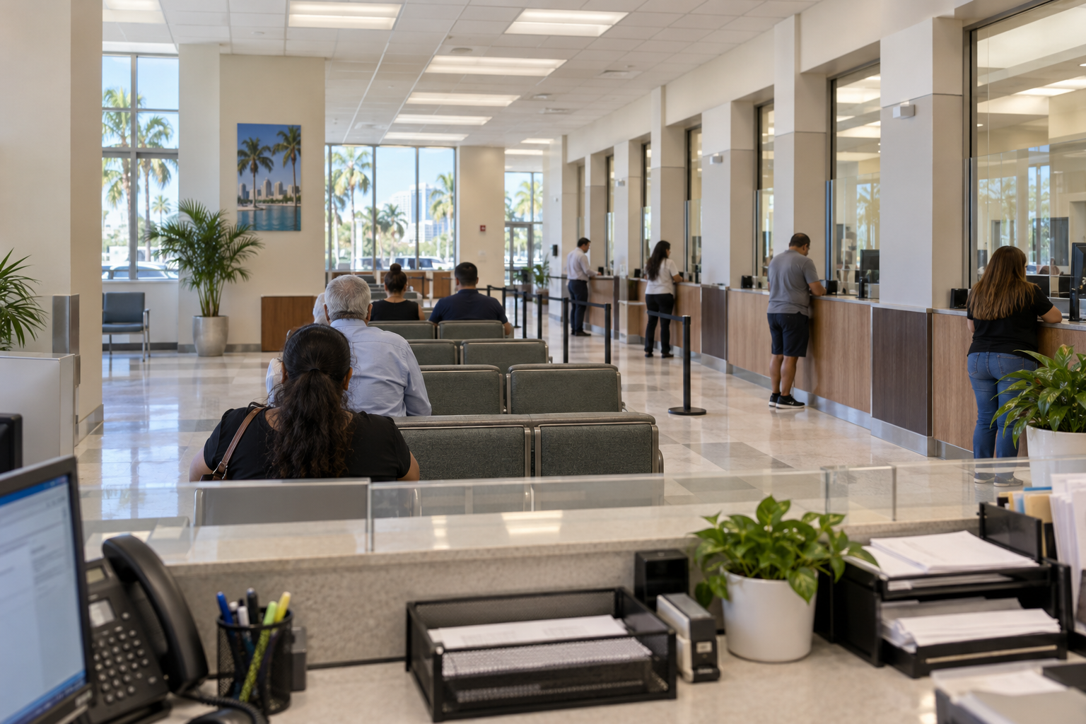 Person at a public records counter inside a Florida courthouse clerk's office