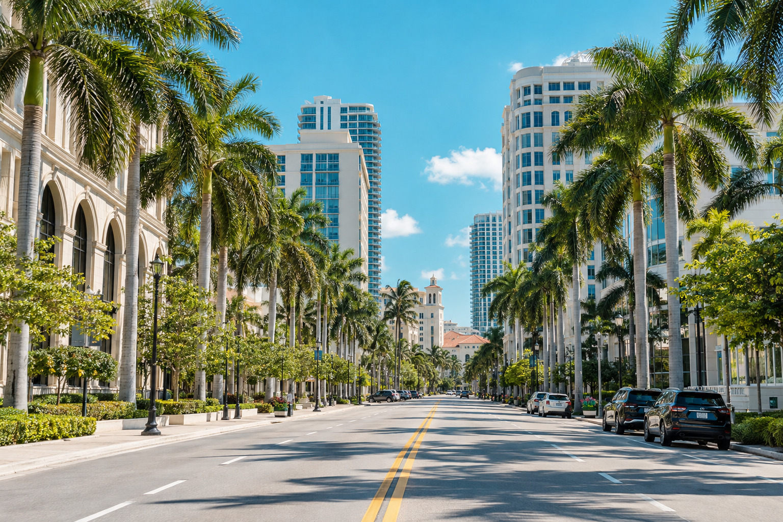 Downtown West Palm Beach streetscape along North Dixie Highway showing civic buildings, palm-lined sidewalks and the Palm Beach County courthouse district