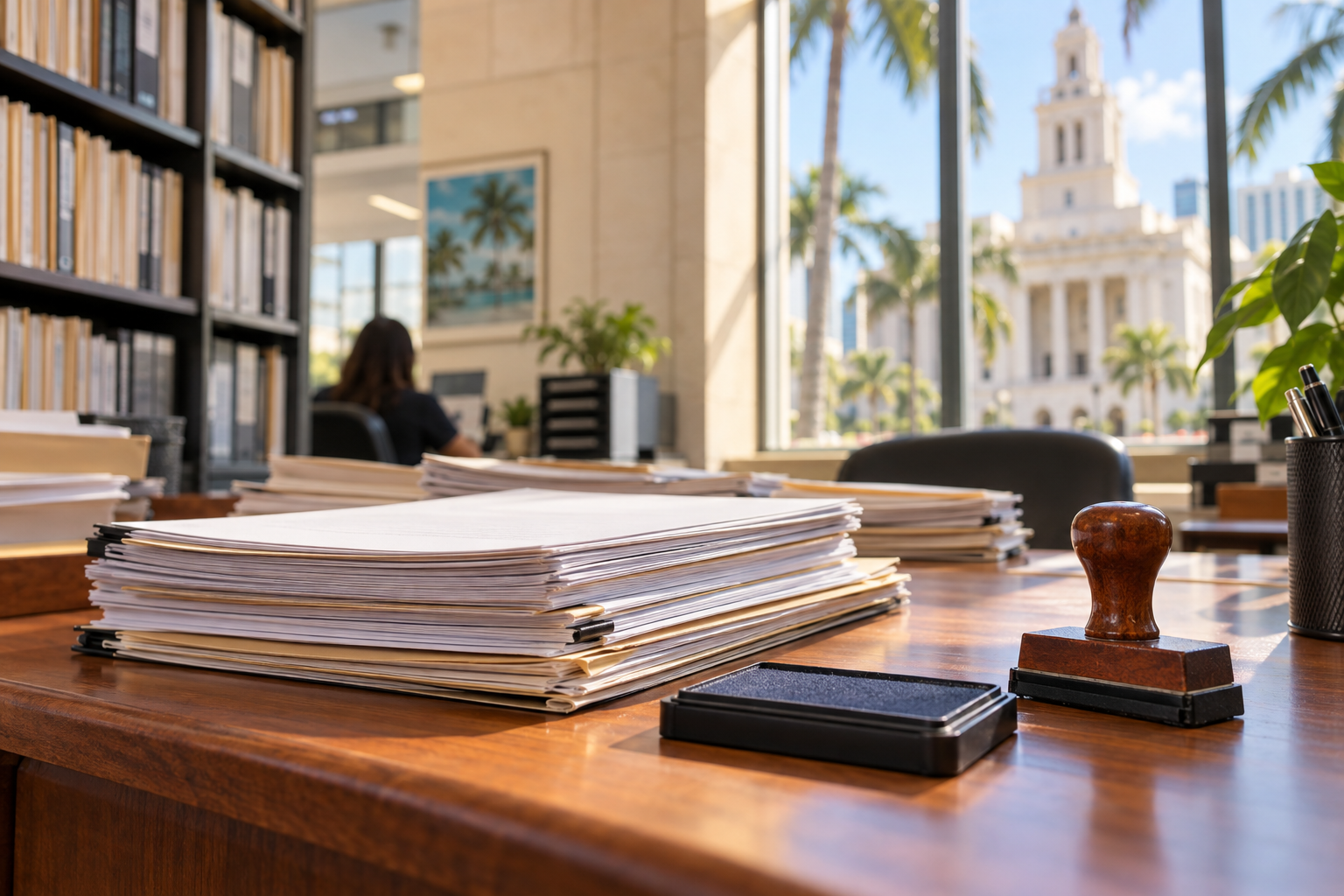 Stack of official recorded property documents on a desk inside a Florida county recorder's office