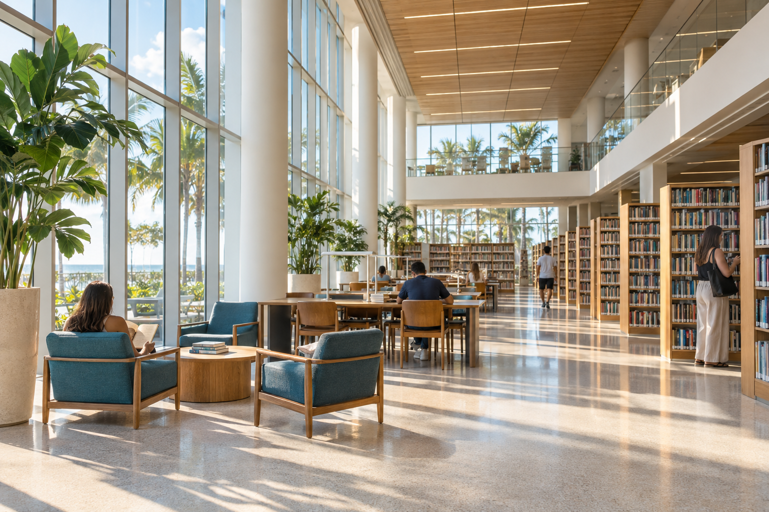 Interior reading area of the Palm Beach County Main Library with shelves and natural light