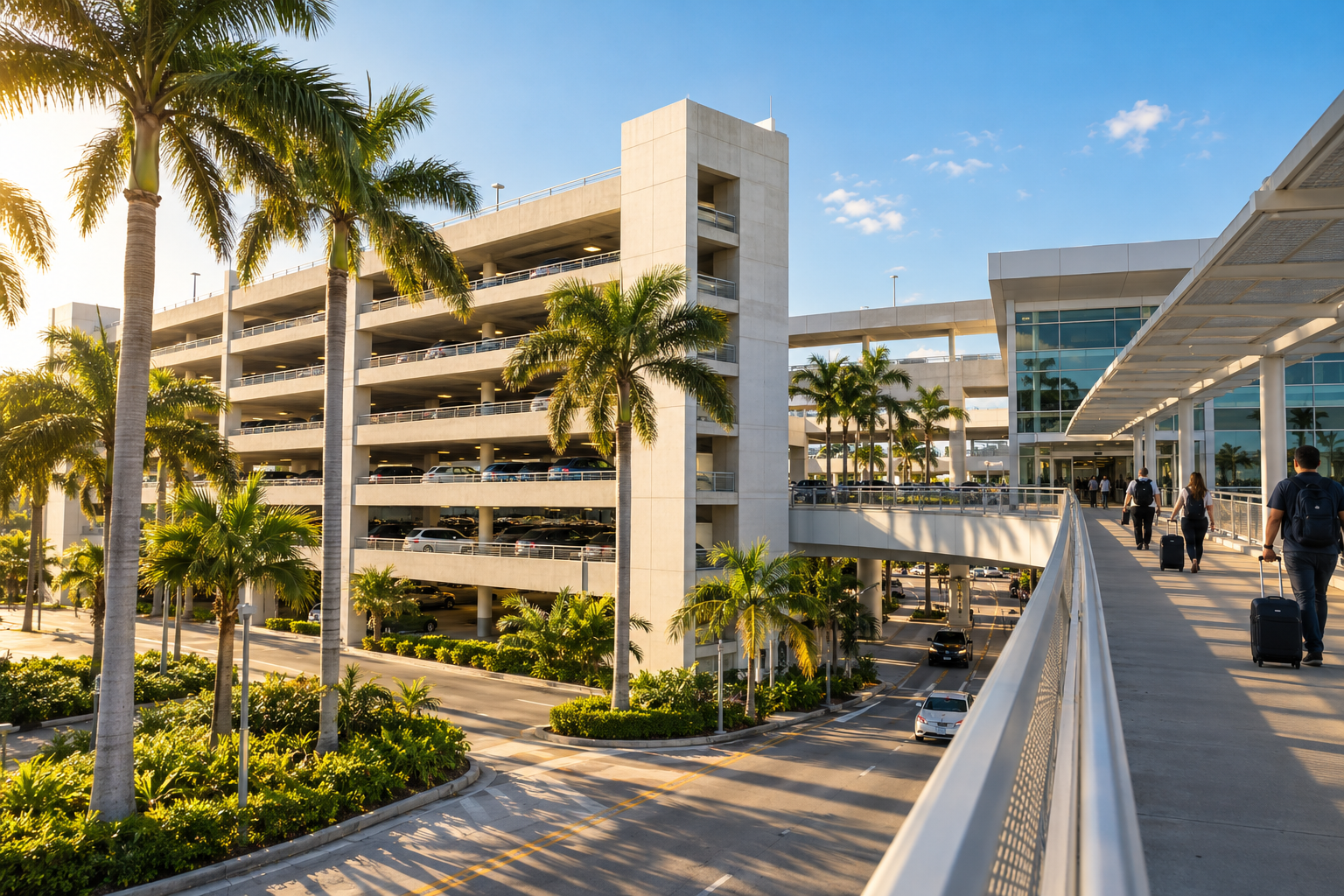 Multi-level airport parking garage exterior on a sunny South Florida afternoon