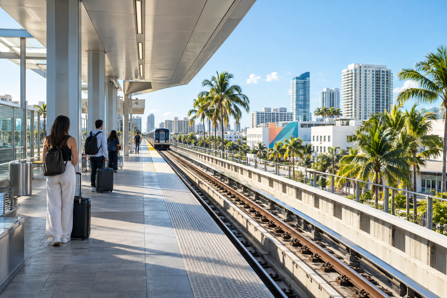 Brightline train station platform in downtown West Palm Beach connecting airport travelers to South Florida cities