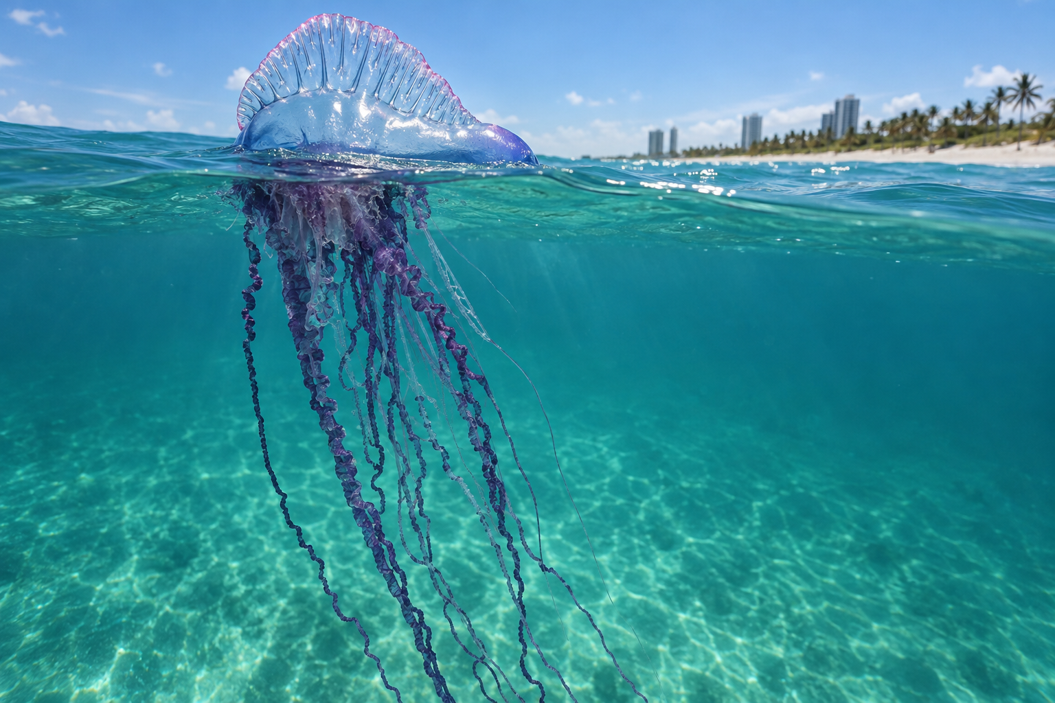 Side view of a Portuguese man o' war colony showing its sail-like float and long trailing tentacles in open water