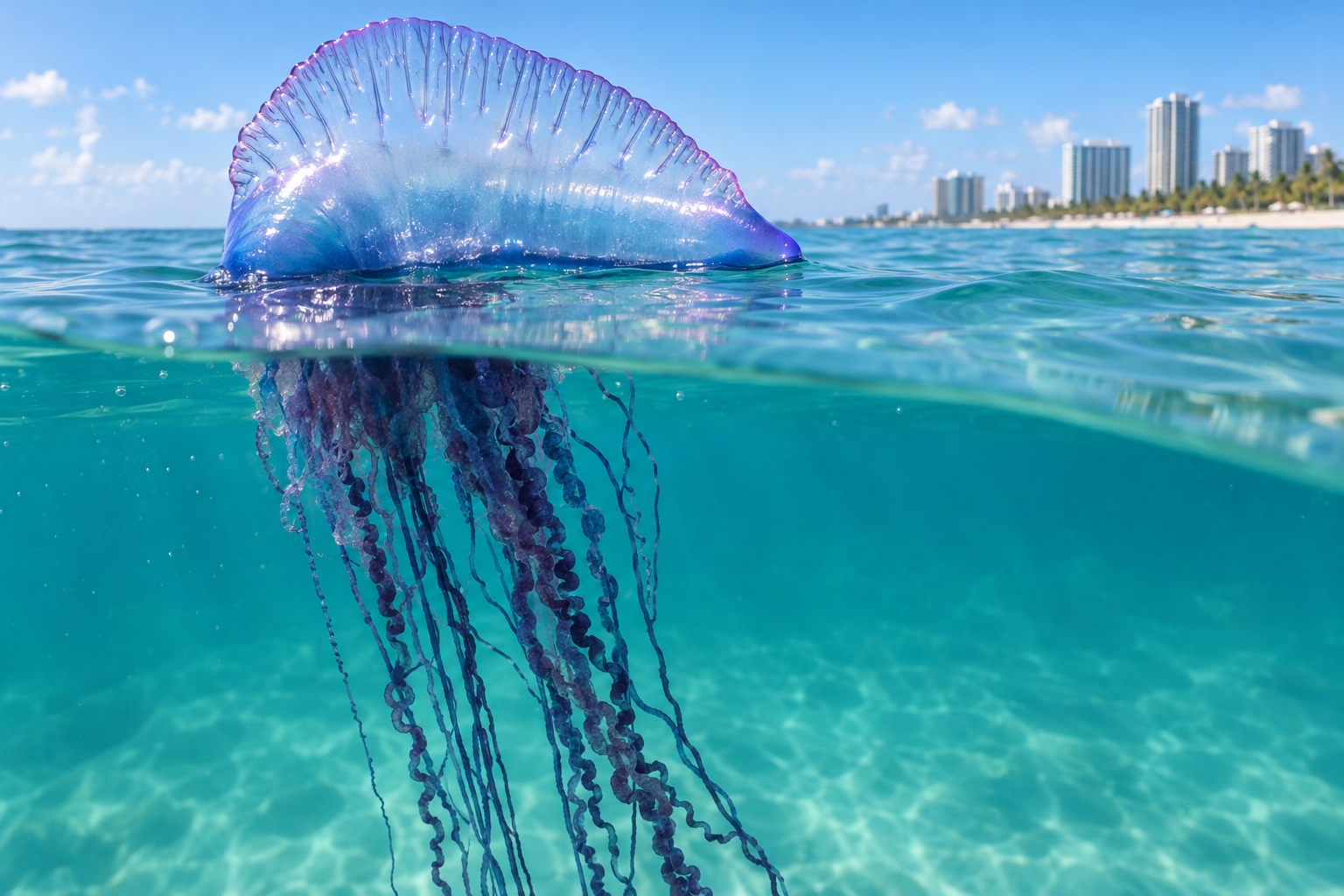 Side view of a Portuguese man o' war showing its distinctive sail-like float and long stinging tentacles trailing beneath the water surface