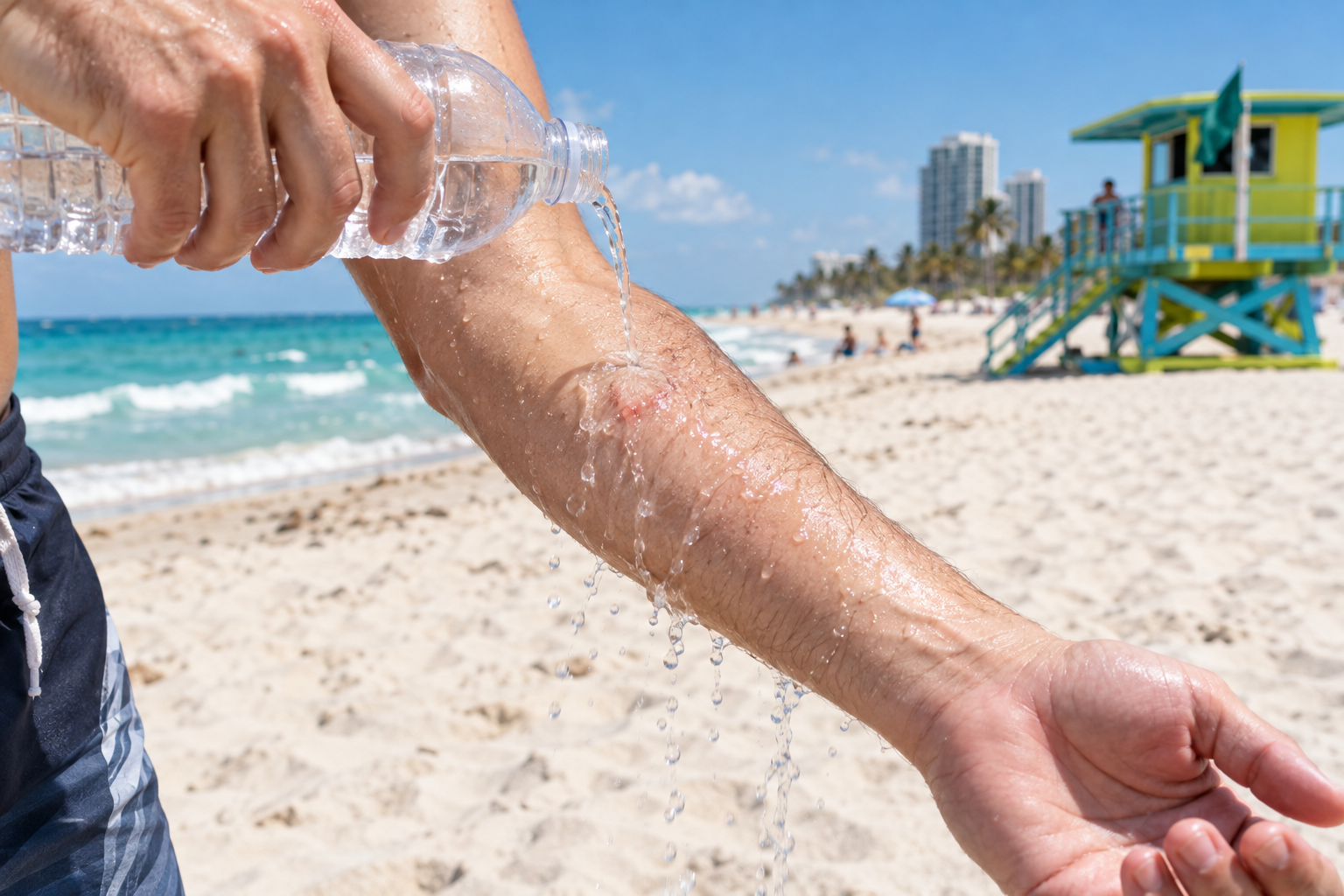 A person rinsing their forearm with seawater poured from a bottle at a sunny beach lifeguard stand after a jellyfish sting