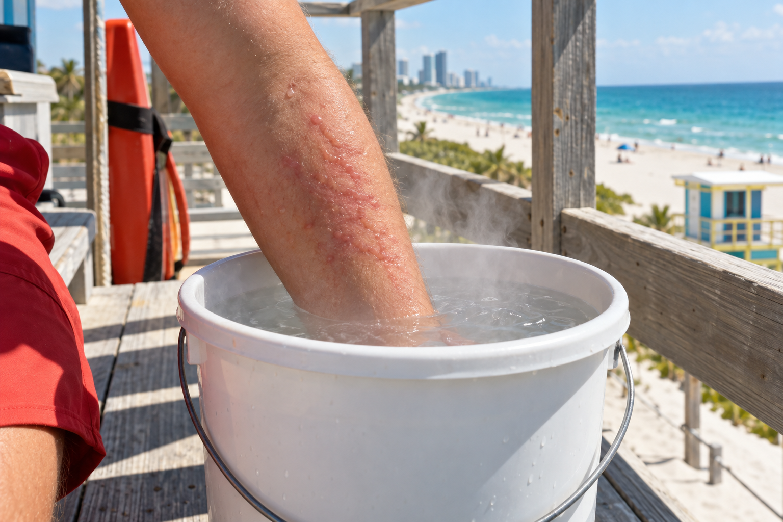 A person soaking a stung forearm in a bucket of hot water at a beach lifeguard stand