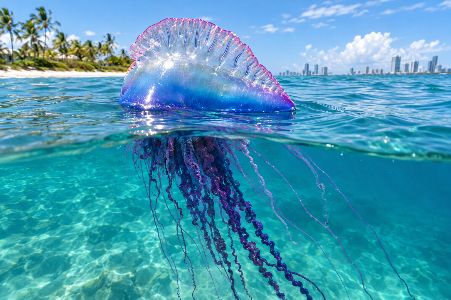 A Portuguese man o' war floating at the ocean surface, its translucent blue-purple gas-filled bladder and long trailing tentacles visible in clear Atlantic water