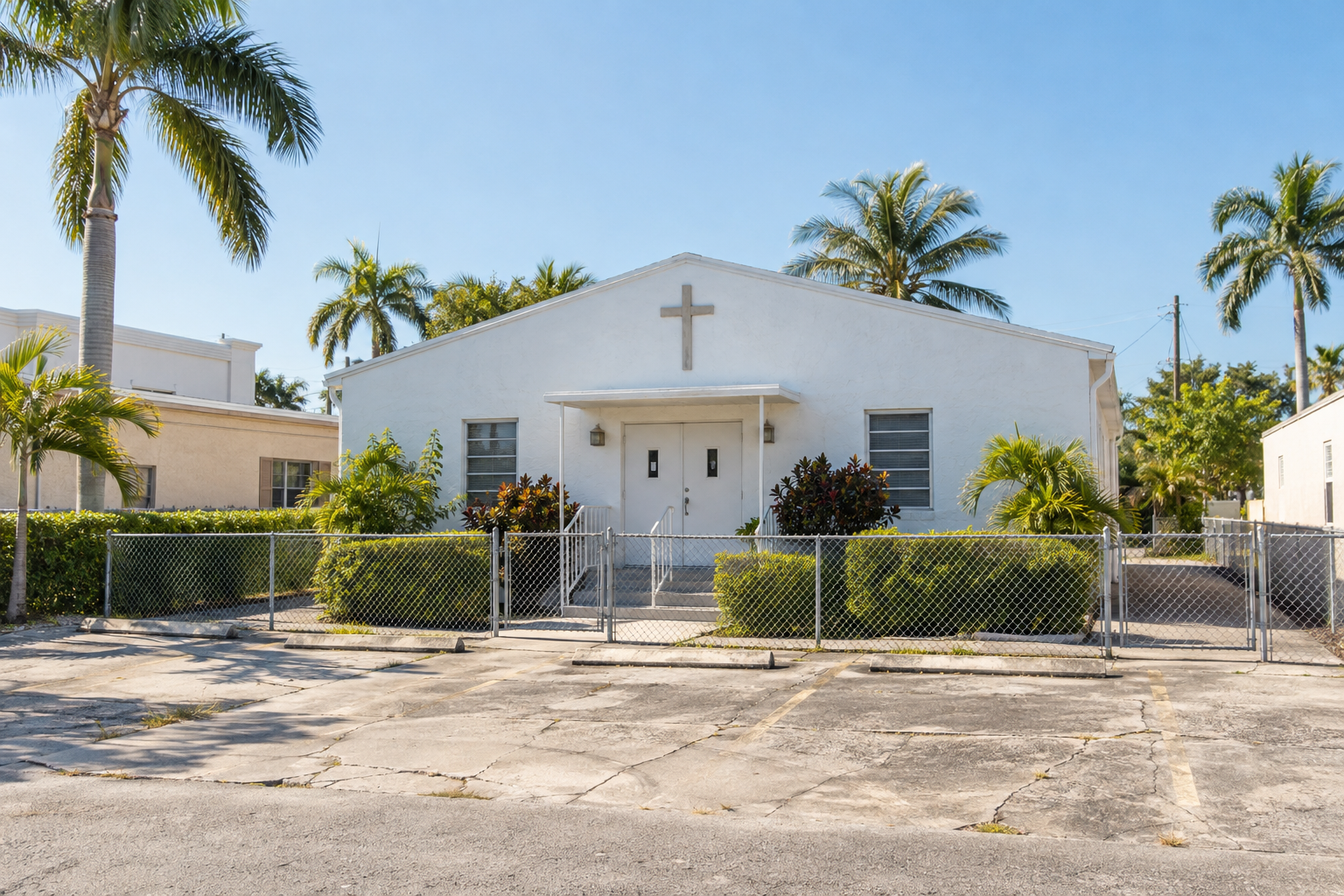 Exterior of the Church of Lukumi Babalu Aye in Hialeah, Florida, a modest religious building on a quiet commercial street