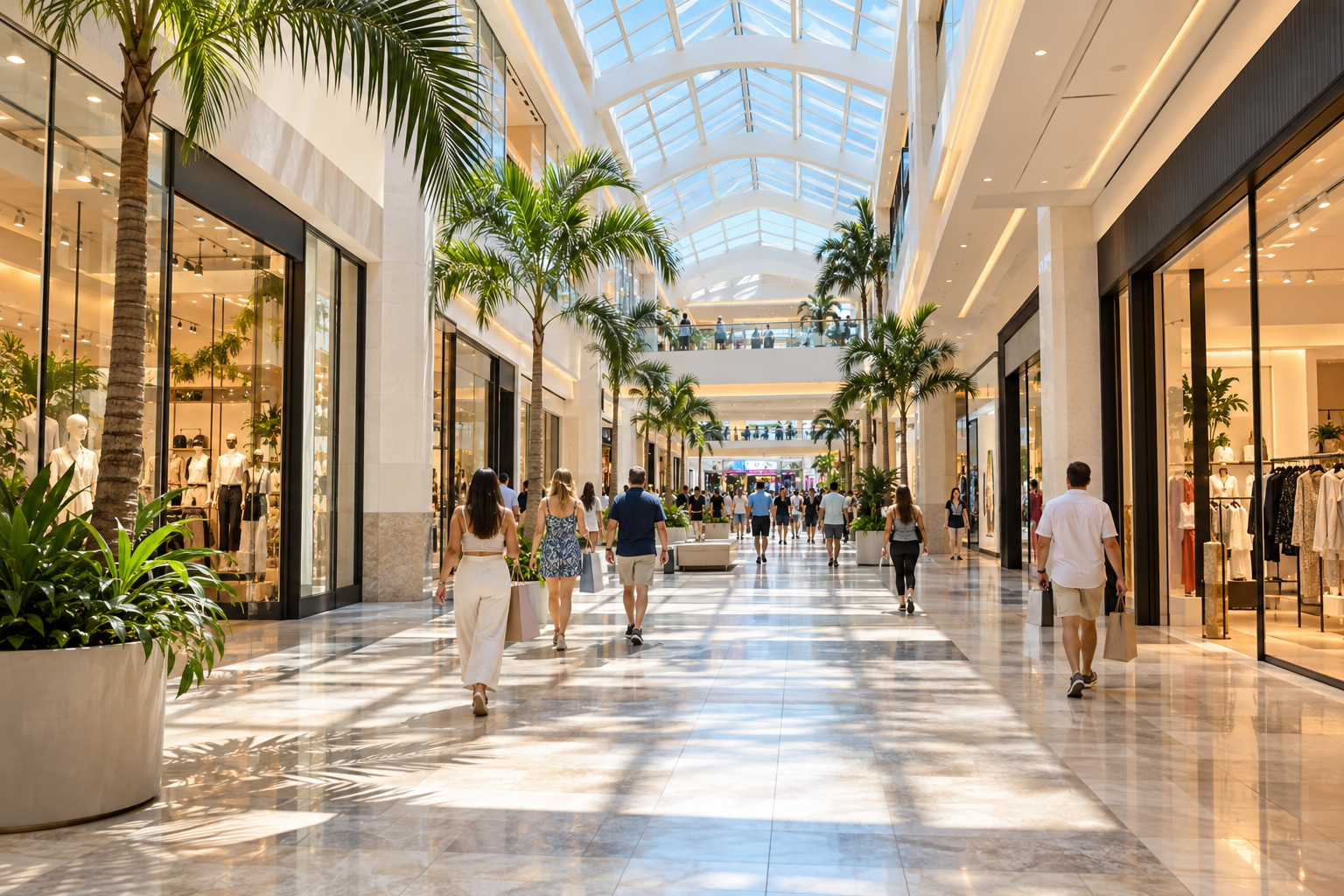 Interior corridor of Sawgrass Mills main mall showing long retail walkway with skylights and storefronts on both sides