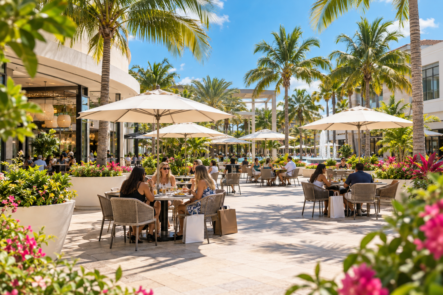 Open-air dining area at an outlet mall in South Florida with outdoor seating under palm trees in warm sunshine