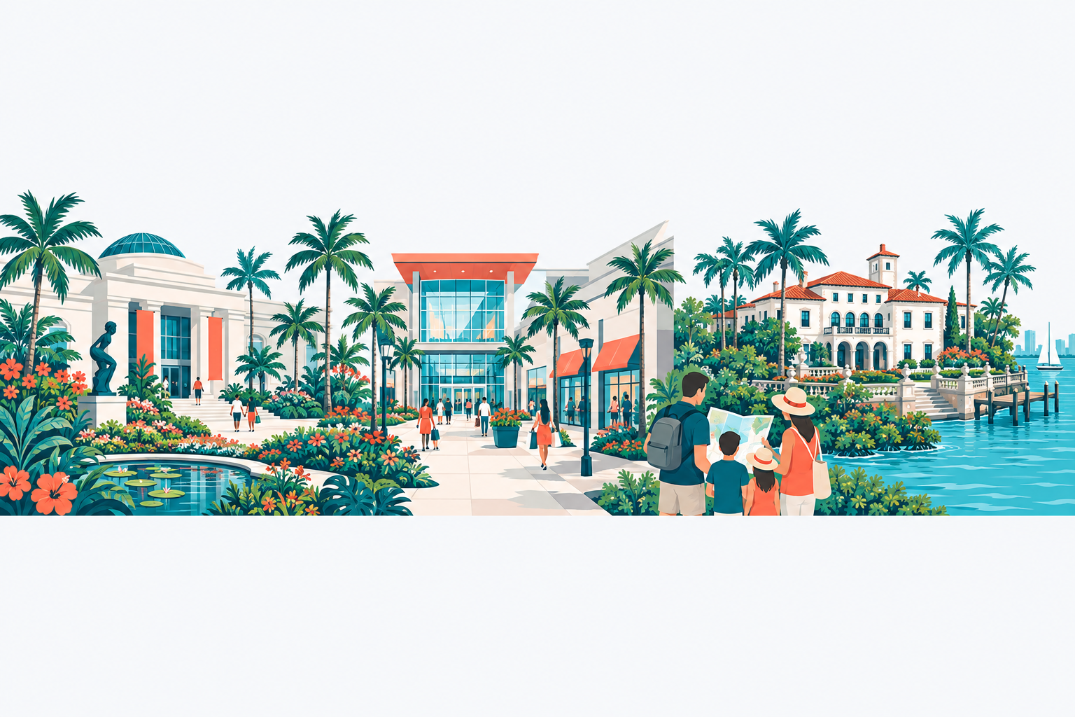 Attractions illustration: a museum with tropical gardens, a shopping mall entrance, a historic waterfront estate with gardens and a family with a map