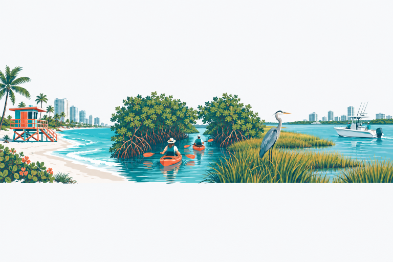 Beaches & Parks illustration: a turquoise beach with a colorful lifeguard tower, a mangrove kayak trail, sawgrass prairie with a heron and a boat on a bay