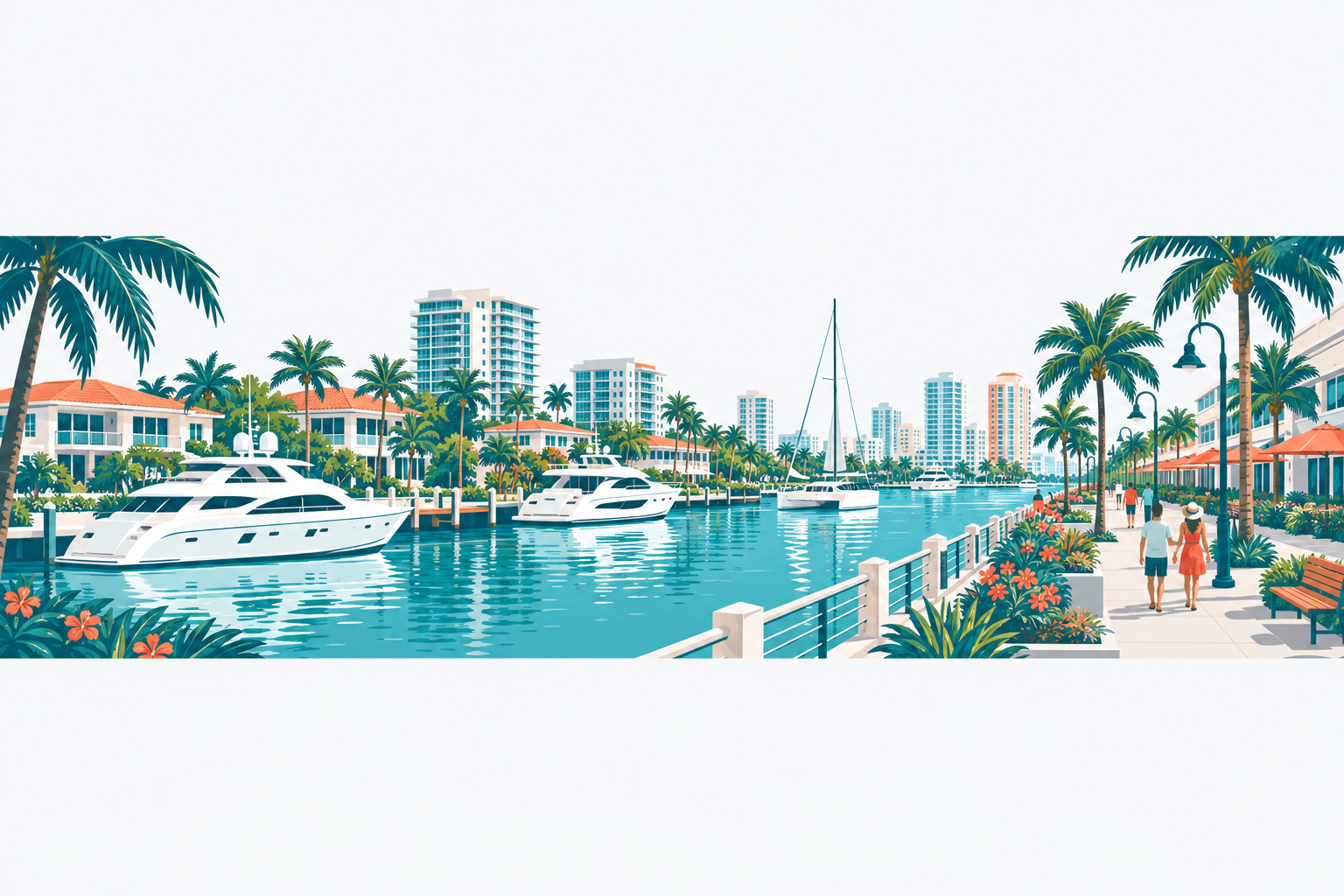Broward illustration: a Fort Lauderdale riverfront with yachts on a canal, a waterfront promenade, palm trees and low-rise towers