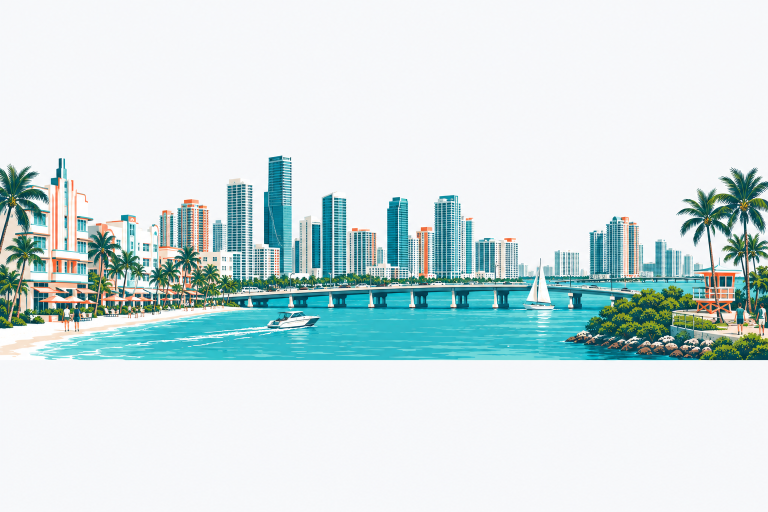 Cities & Neighborhoods illustration: a South Florida skyline panorama: Art Deco hotels, glass towers, a causeway bridge over turquoise water and palm trees