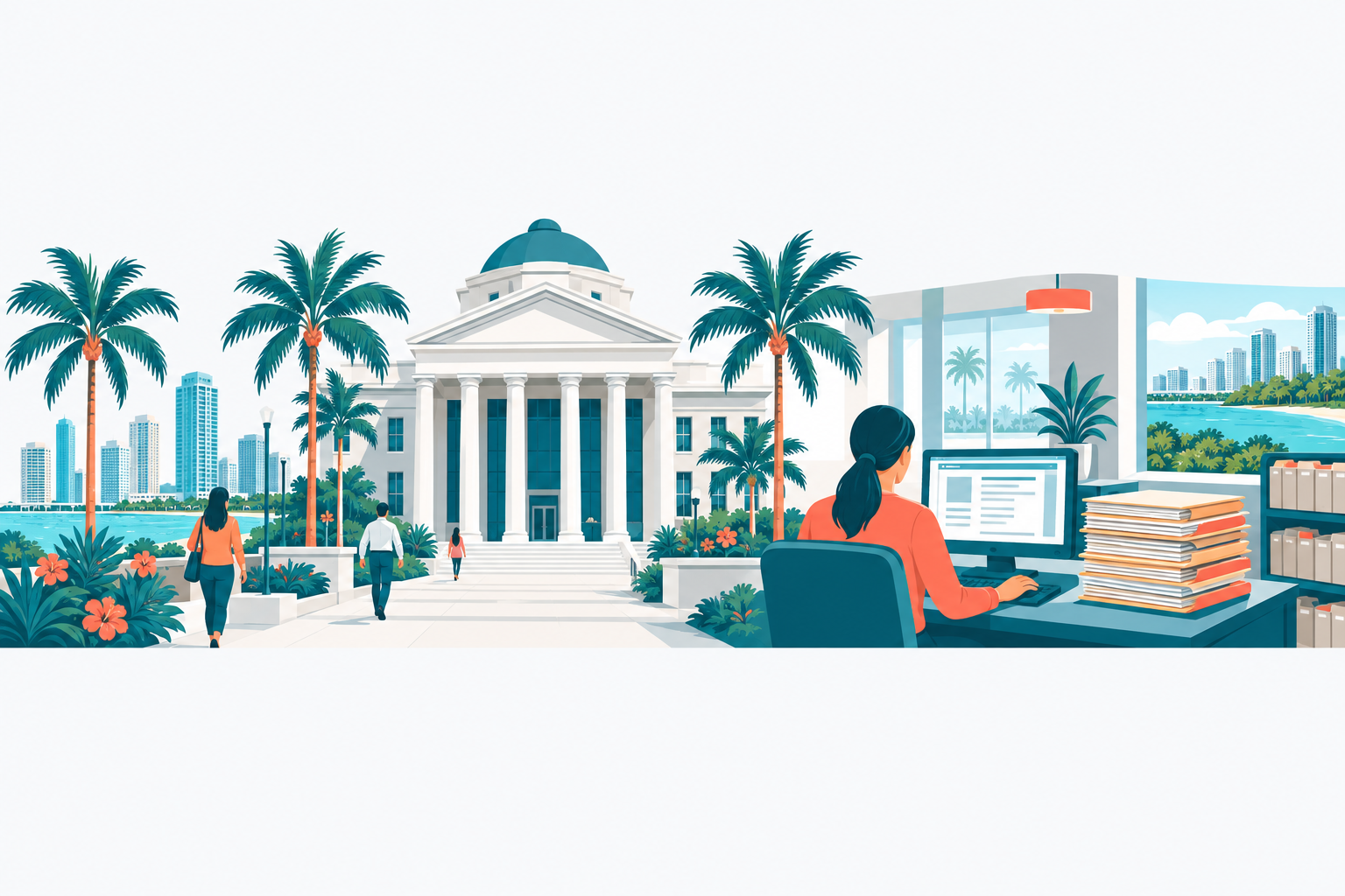 Courts & Records illustration: a modern county courthouse with columns and palm trees, a public records computer terminal and a stack of case files