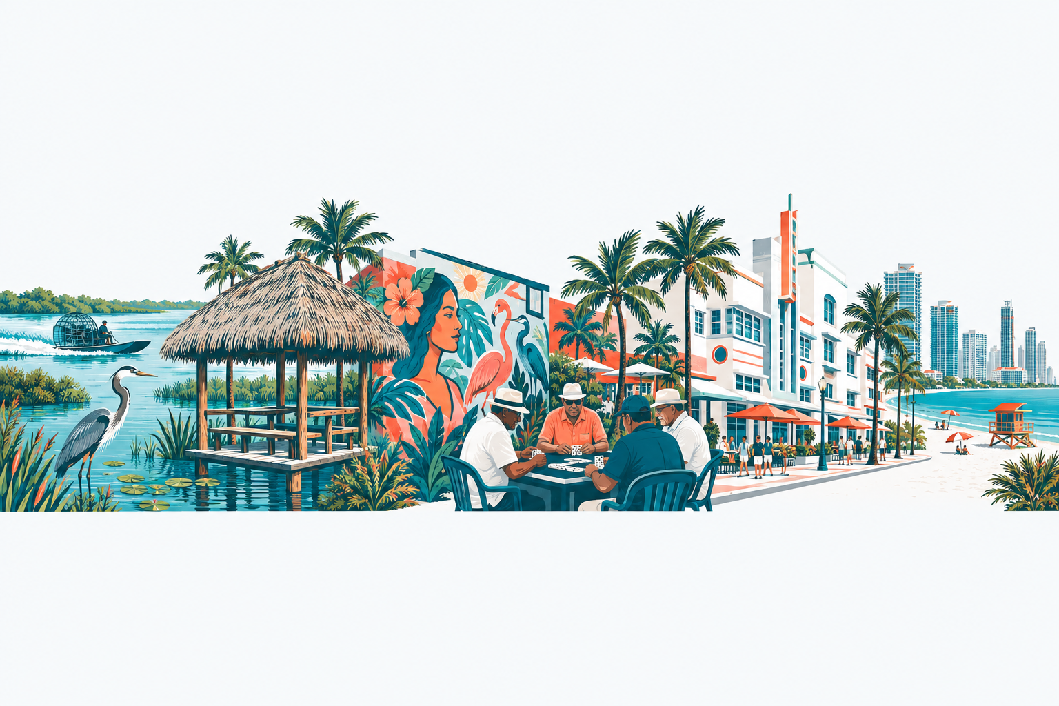 Culture & History illustration: a cultural collage: a chickee hut with a thatched roof in the Everglades, colorful murals, domino players and historic Art Deco facades