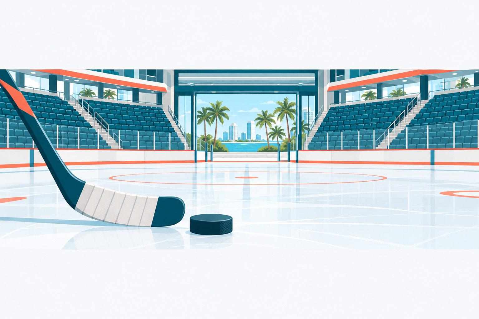 Florida Panthers illustration: an ice hockey arena: a hockey puck and stick on fresh ice, arena seats and palm trees seen through the entrance