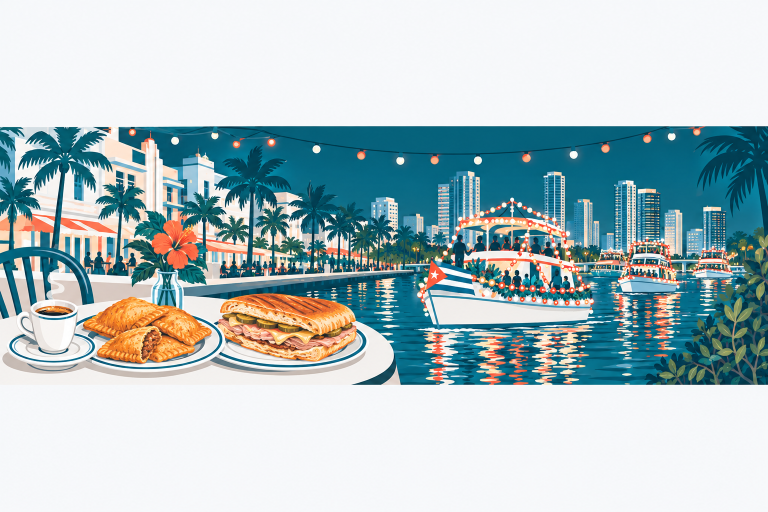 Food & Events illustration: a table of Cuban food with a cafecito, pastelitos and a Cuban sandwich, festival lights, a boat parade on a canal at night