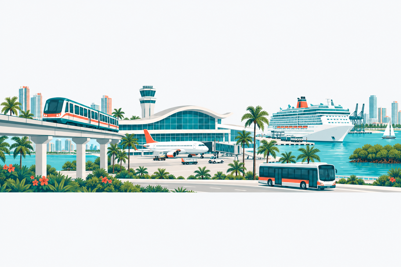 Getting Around illustration: a South Florida transport scene: an elevated commuter train, an airport terminal with a plane, a cruise ship in port and a bus