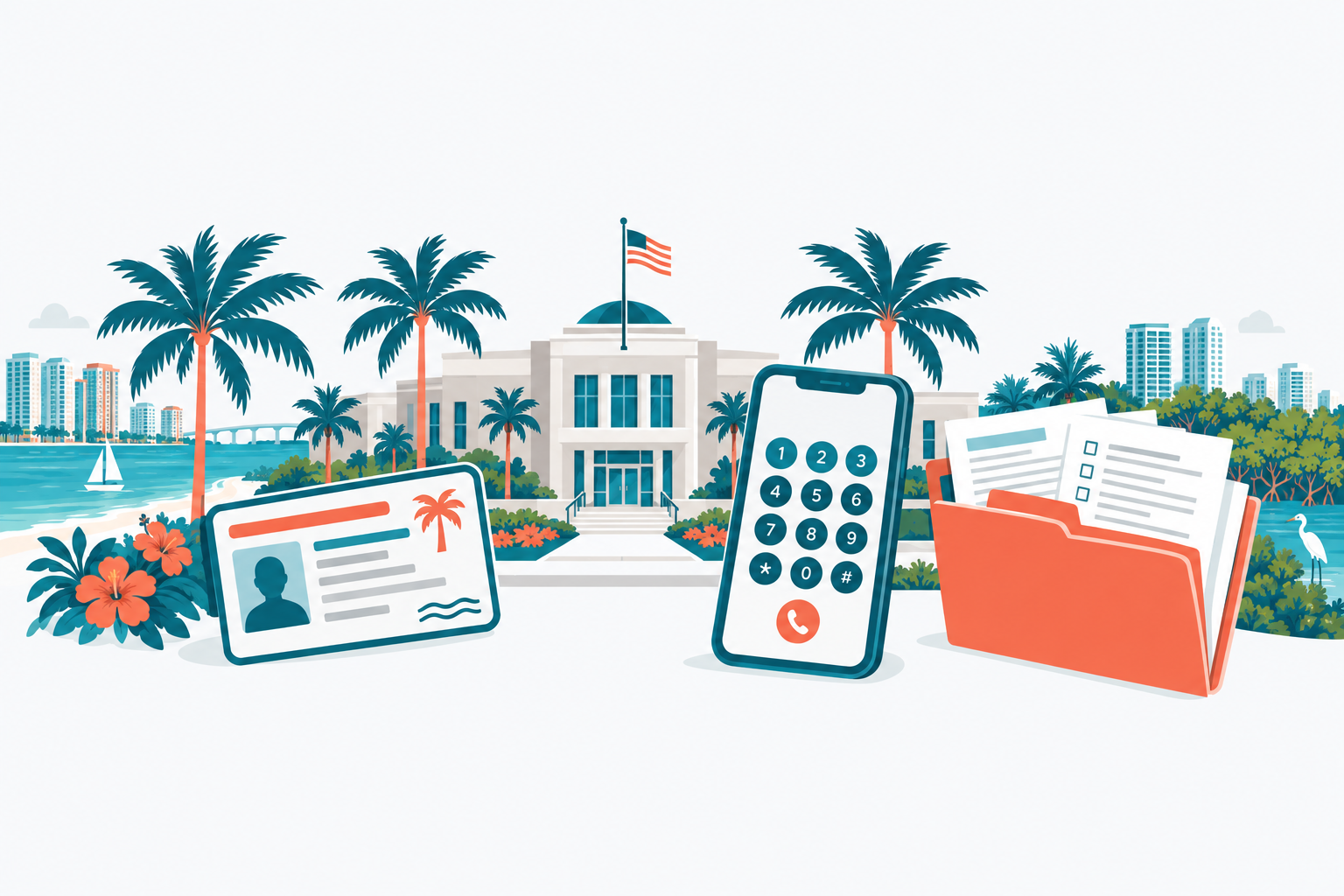 Government & Services illustration: a civic scene: a county government building with palm trees, a driver's license card, a phone with area code buttons and a folder of forms