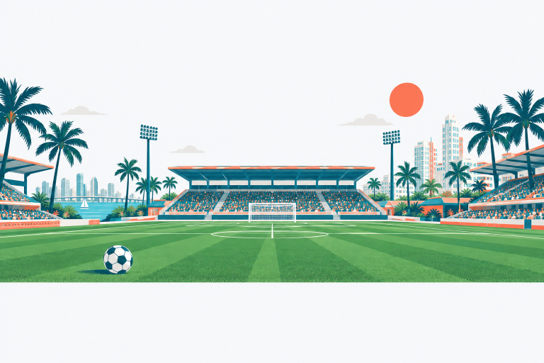 Inter Miami illustration: a soccer stadium with a green pitch, a soccer ball on the grass, palm trees and a sunny sky