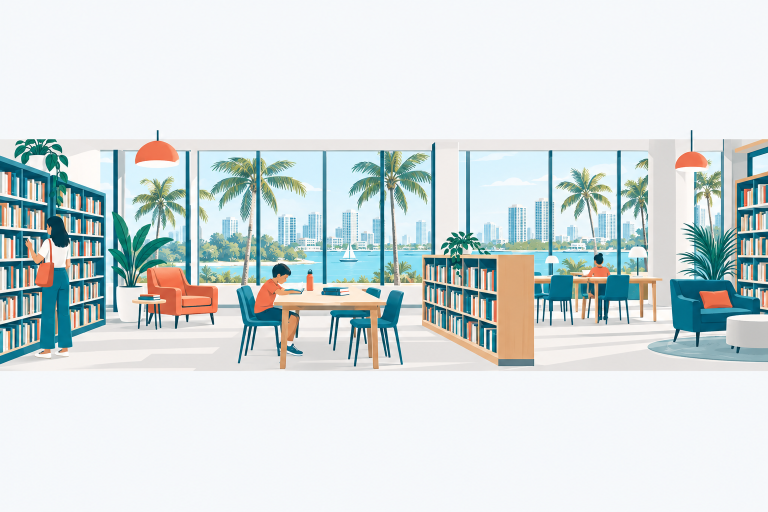 Libraries illustration: a bright modern public library interior with tall windows, bookshelves, reading tables, a child reading and palm trees outside