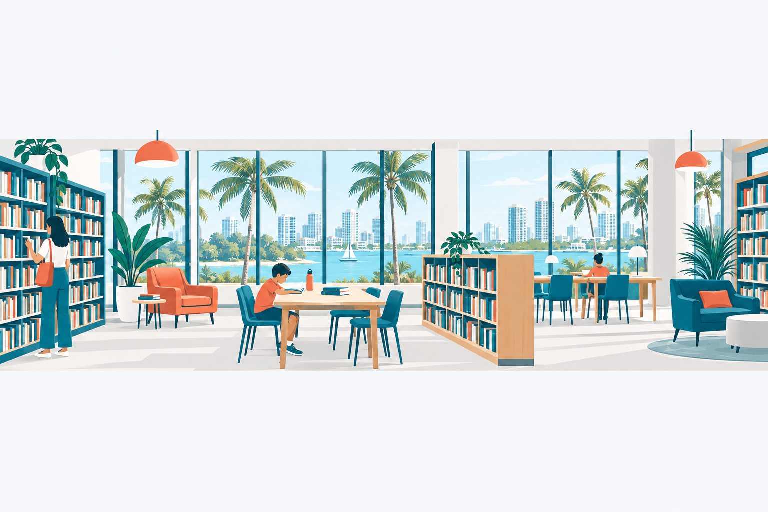 Libraries illustration: a bright modern public library interior with tall windows, bookshelves, reading tables, a child reading and palm trees outside