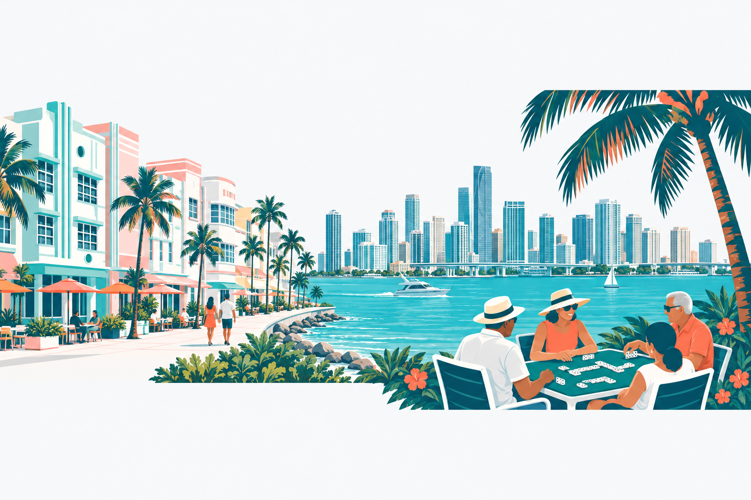 Miami-Dade illustration: Miami Beach Art Deco buildings in pastel colors, a downtown glass skyline across the bay and a domino table under a palm tree