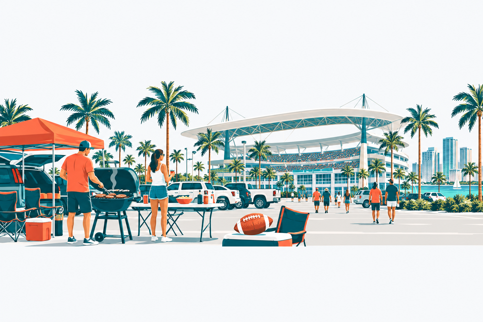 Miami Dolphins illustration: a large open-air football stadium with a canopy roof, palm trees in the parking lot, a football and tailgate grill