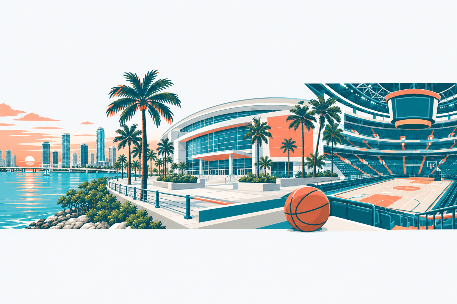 Miami Heat illustration: a modern basketball arena by a waterfront at dusk with palm trees, a basketball and an arena seating bowl seen from inside