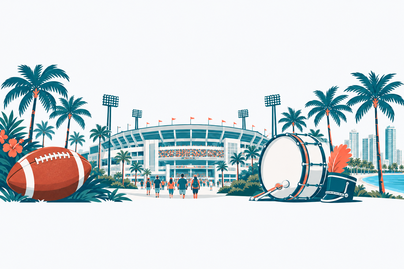 Miami Hurricanes illustration: a college football game day: a football, stadium lights, a marching band drum and palm trees around a stadium
