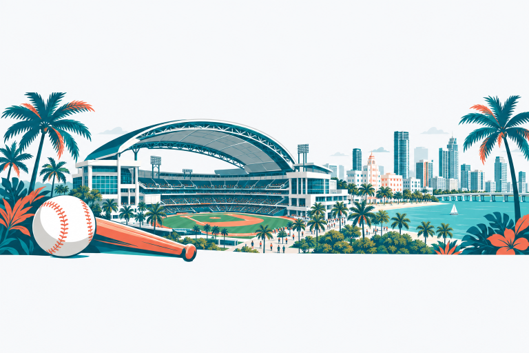 Miami Marlins illustration: a modern baseball stadium with a retractable roof, a baseball and bat, palm trees and a city skyline behind