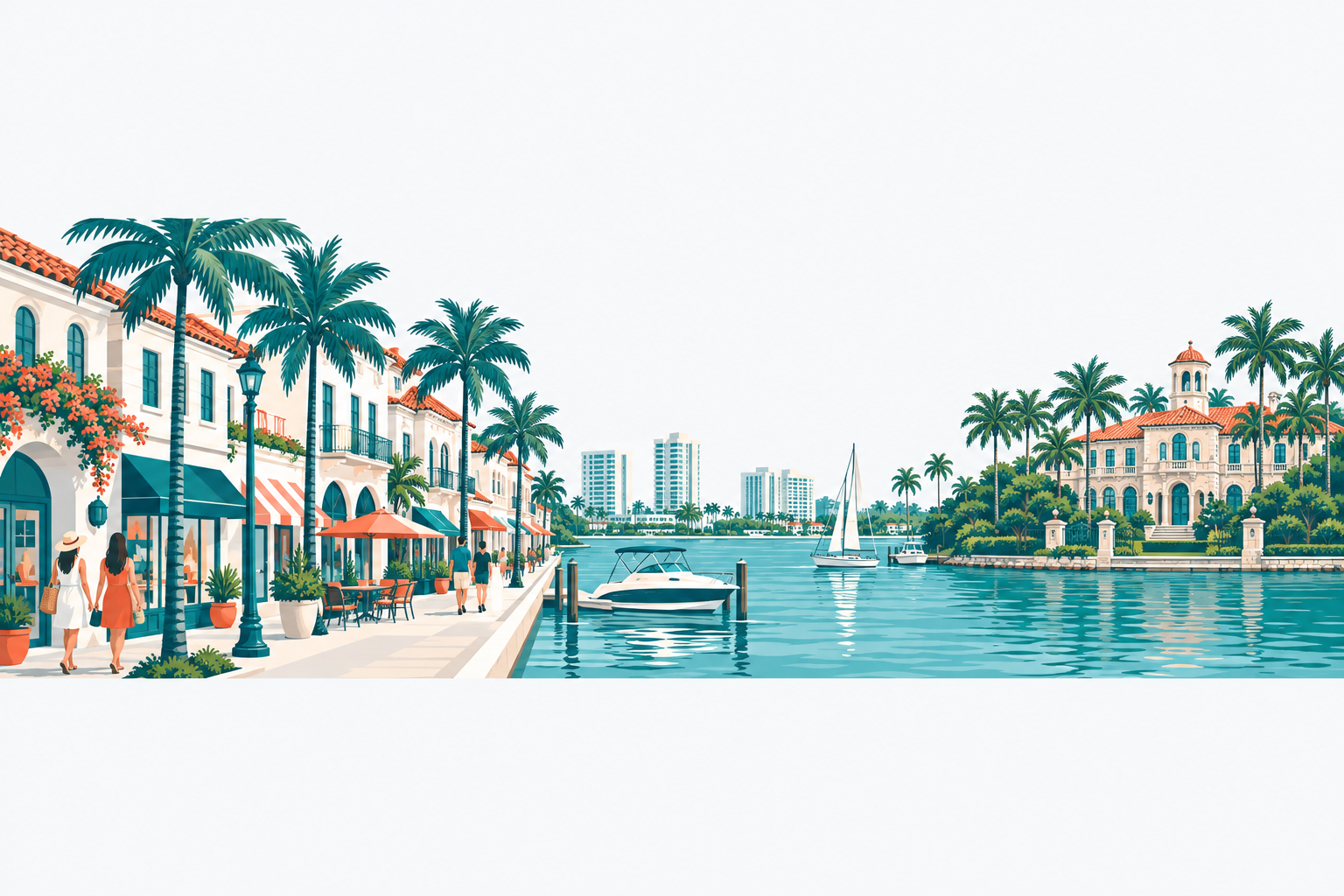 Palm Beach illustration: a Palm Beach street with Mediterranean-style shops and palm trees, a lake with boats and a historic mansion