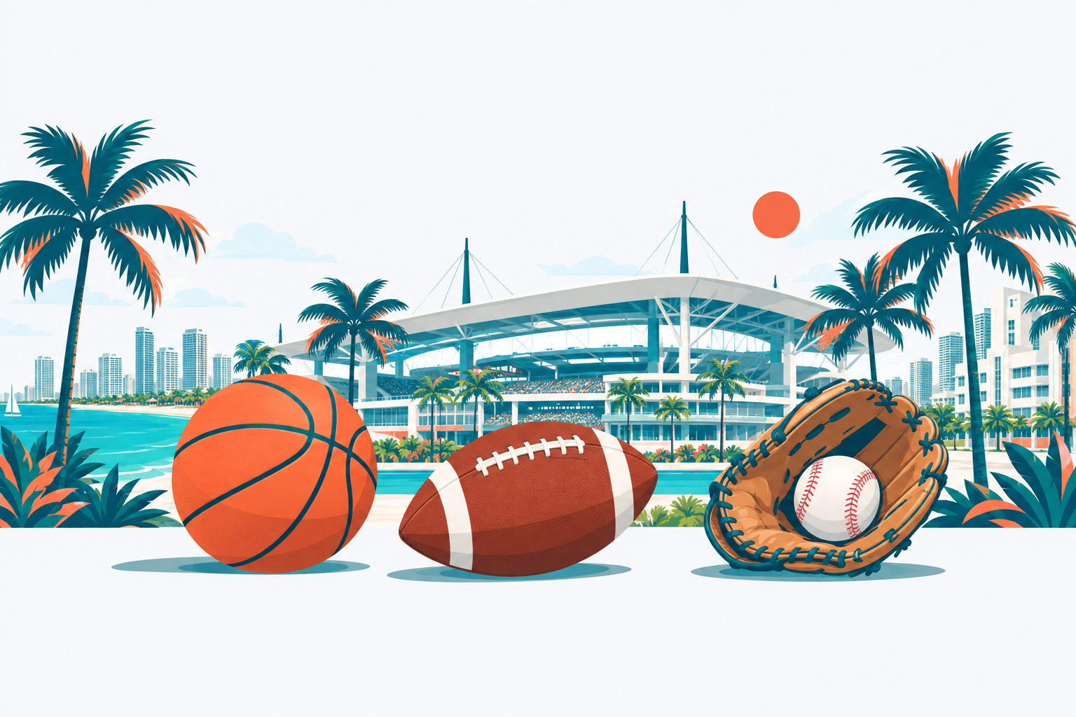 Sports illustration: a South Florida sports scene: a basketball, a football and a baseball glove in front of a modern open-air stadium with palm trees and a bright sky