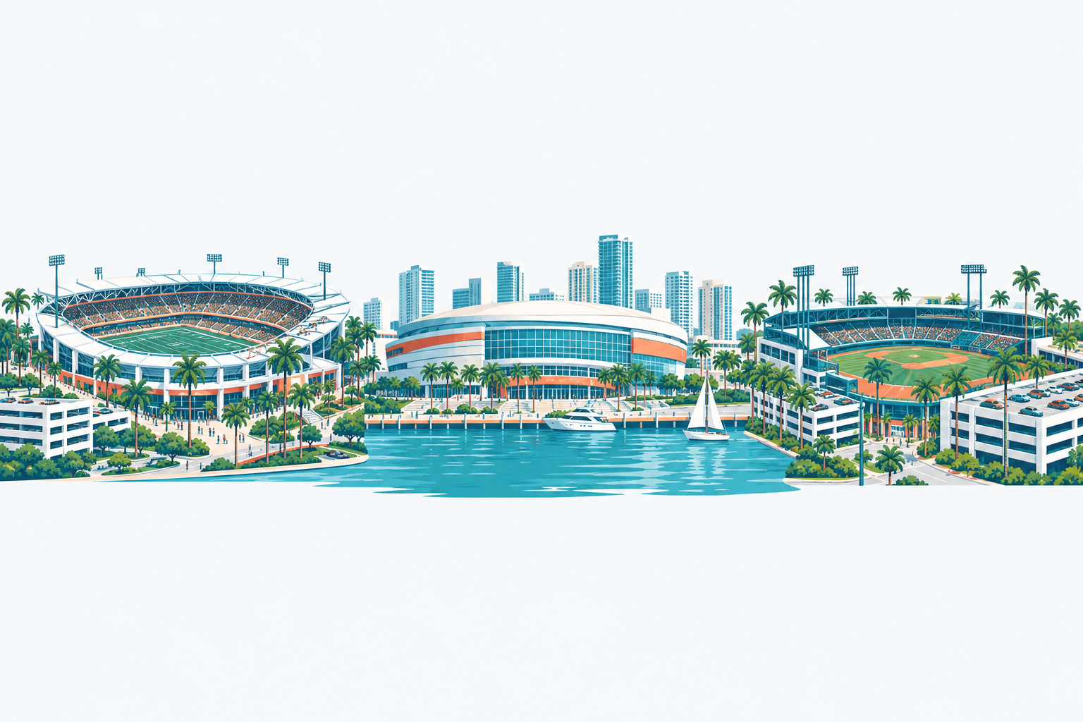 Stadiums & Arenas illustration: a row of three South Florida venues: an open-air football stadium, a waterfront arena and a baseball stadium with palm trees and parking garages