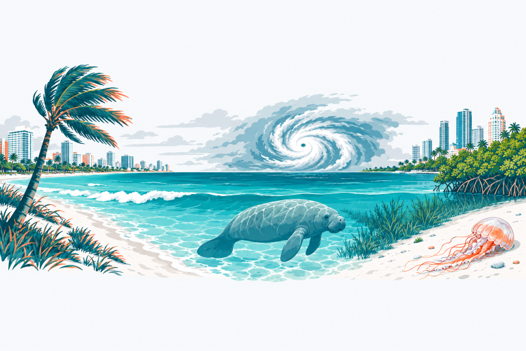 Weather & Environment illustration: a South Florida sky with a hurricane spiral offshore, a palm tree in the wind, a manatee in clear water and a jellyfish on the sand