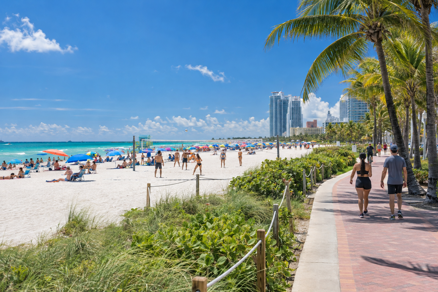 Lummus Park beachfront with volleyball nets, palm-lined promenade, and crowds on the wide white sand in bright South Florida sunshine