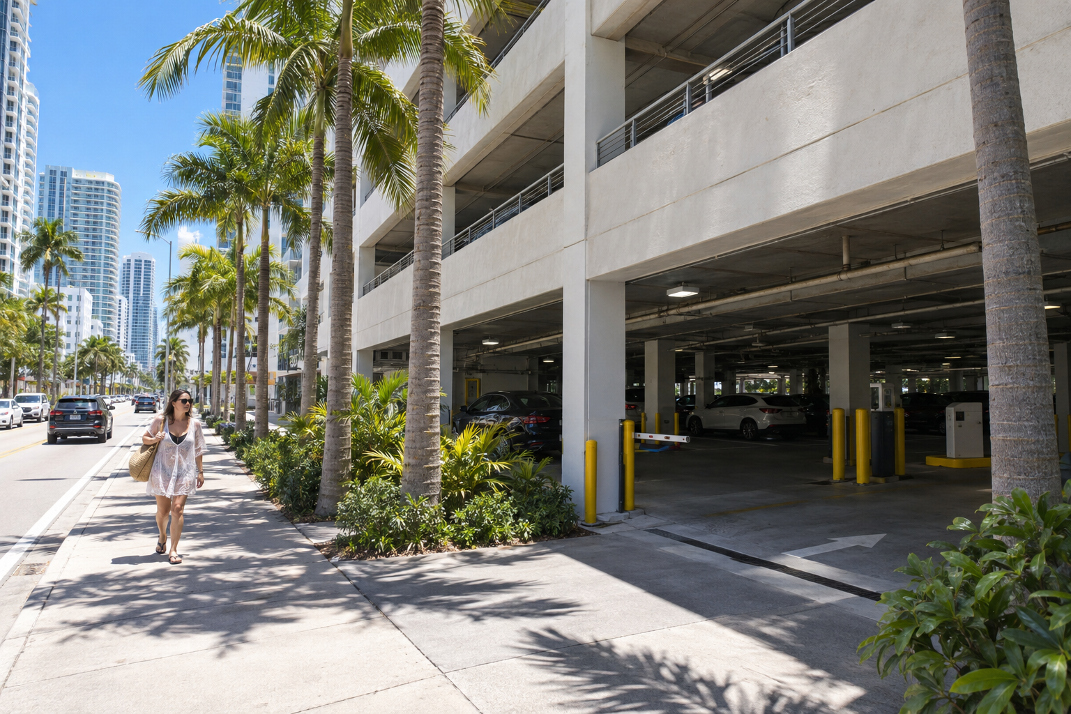 A city parking garage entrance on a Miami Beach street with palm trees and a pedestrian walking toward the beach in bright sunlight