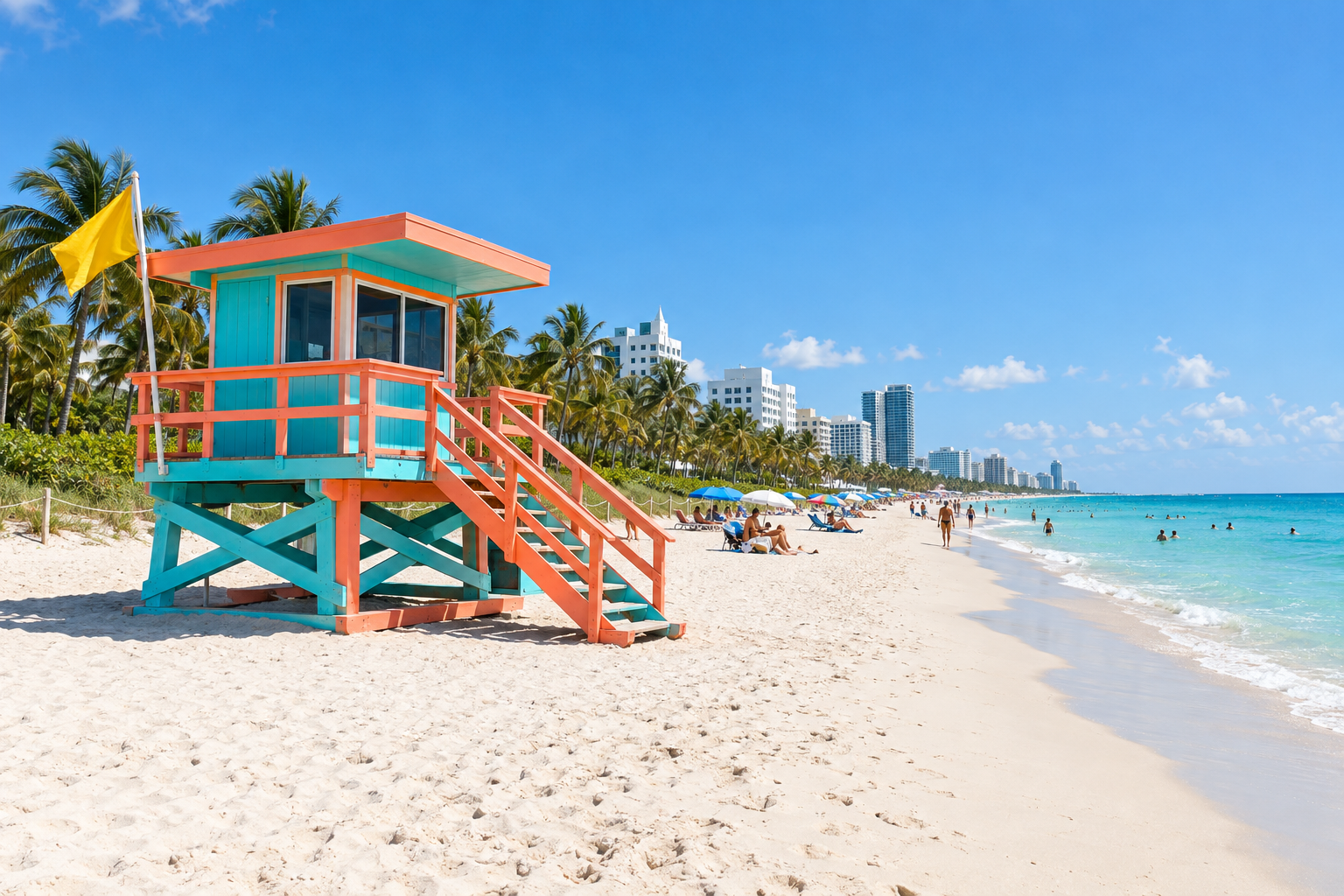 Wide white sand beach at Lummus Park with colorful lifeguard stands, palm trees and calm turquoise Atlantic water on a sunny day