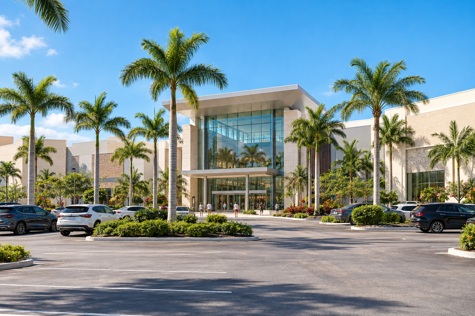 Exterior of Aventura Mall on a sunny South Florida afternoon with palm trees and parking area