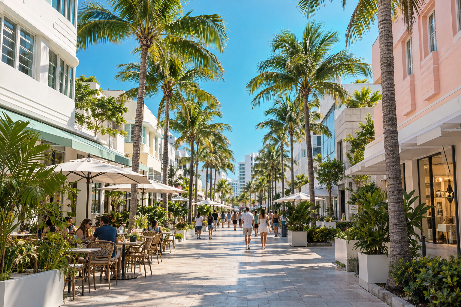 Lincoln Road pedestrian mall on Miami Beach lined with cafes, palms and outdoor seating