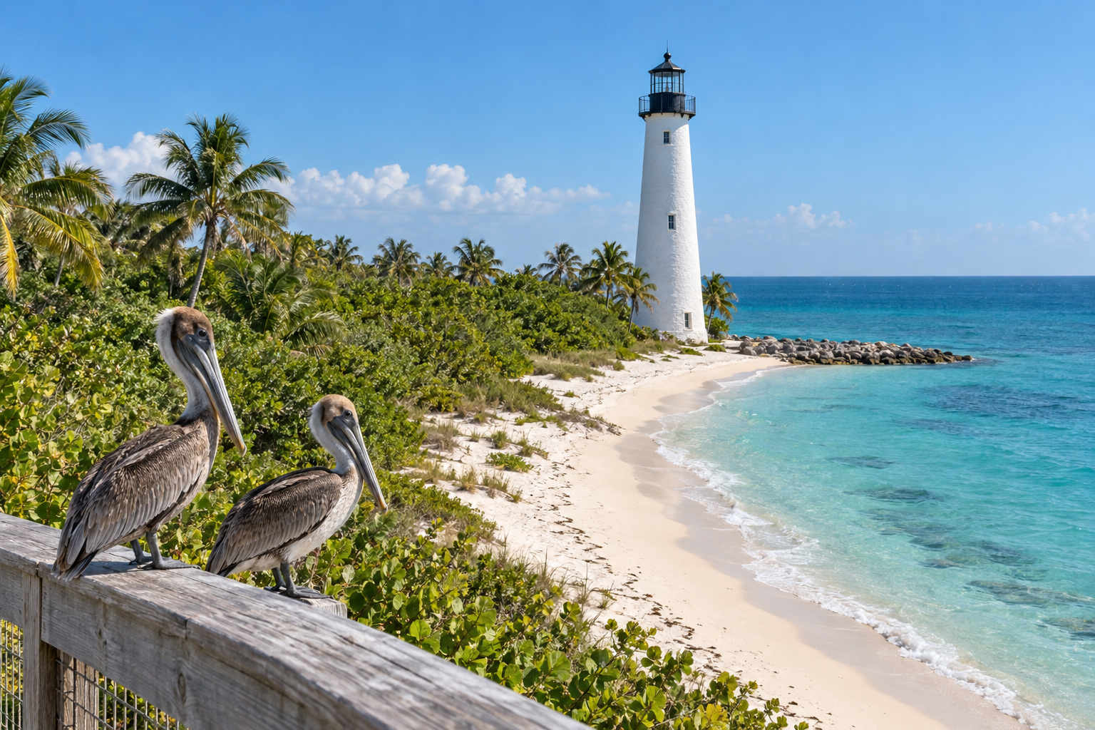 The historic Cape Florida Lighthouse rising above palms at the southern tip of Key Biscayne on a clear sunny day
