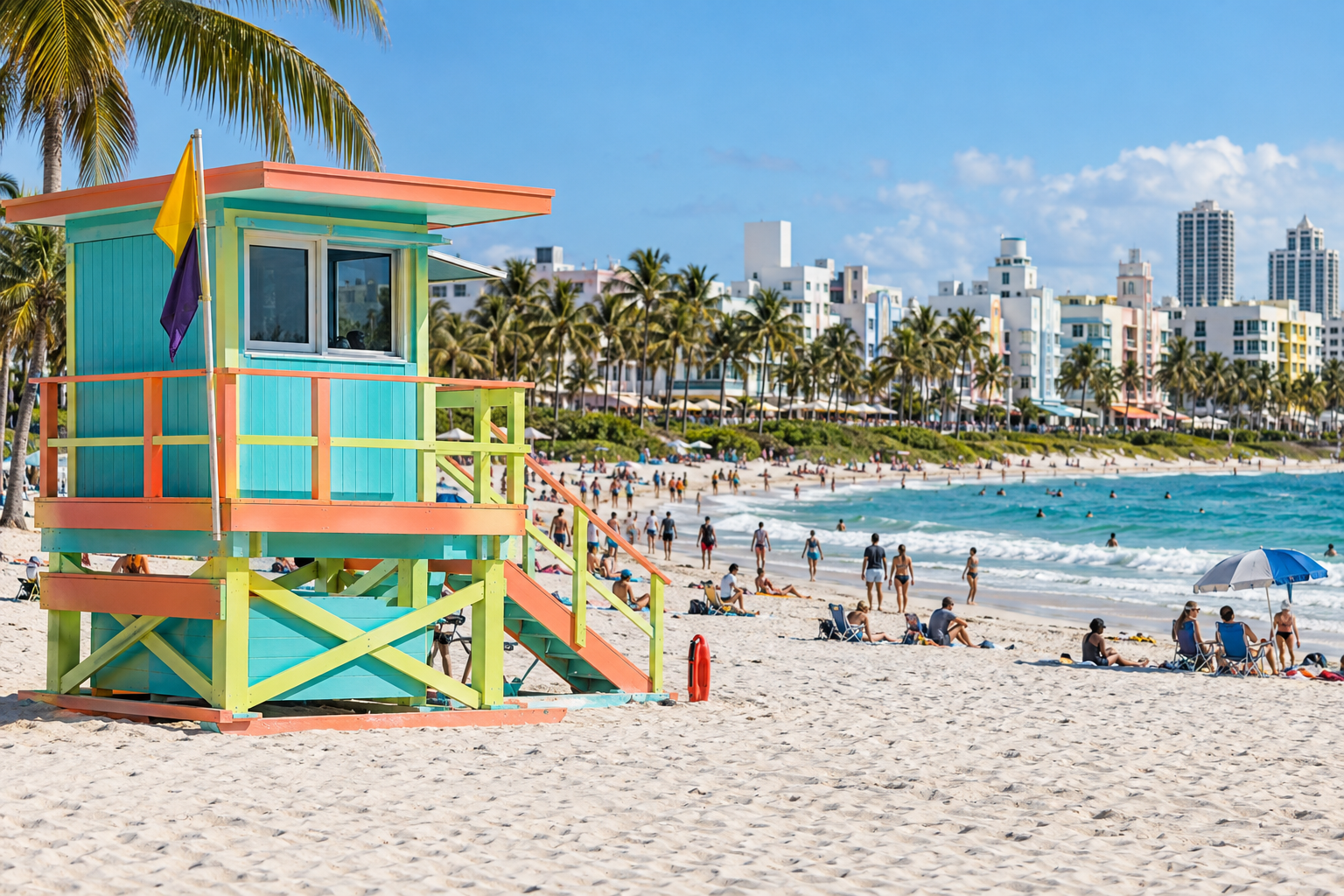Colorful Art Deco lifeguard stand on the wide white sand of South Beach with Ocean Drive hotels visible in the background