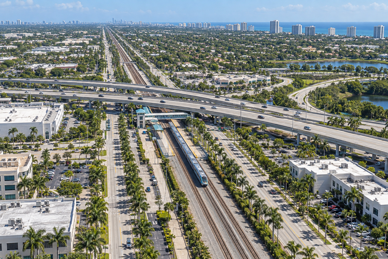 Tri-Rail system map overview showing the main line running through Palm Beach, Broward, and Miami-Dade counties