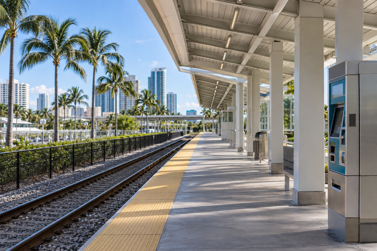 Fort Lauderdale Tri-Rail station platform with covered canopy and ticket machines along the platform edge